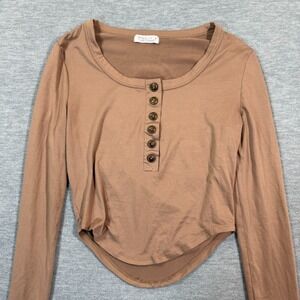 Haley & June Shirt Women M Brown Button Front Long Sleeve Scoop Neck Tee‎